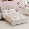 Modern Queen Size Wood Bed with Hidden LED Light Upholstered Curved Headboard, No Box Spring Needed, Cream Grey - as Pic