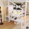 Full Size Metal Loft Bed with TV Cabinet, Metal Loft Bed with Staircase and Wardrobe, Kids Full Size Loft Bed, White