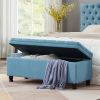 Upholstered tufted button storage bench ,Linen fabric entry bench with spindle wooden legs, Bed bench- Light Blue - as Pic