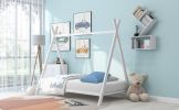 House Bed Tent Bed Frame Twin Size Metal Floor Play House Bed with Slat for Kids Girls Boys , No Box Spring Needed White - as pic