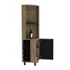 Kaia 70" Tall Corner Bar Cabinet With Four Shelves, Ten Wine Bottle Cubbies and Stemware in Natural Oak - Black - as Pic