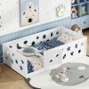 Twin Size Floor Bed with Heightened Safety Guardrails and Door, Solid Wood Bedframe with Rails, White