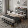 Queen Size Bed Frame with Charging Station, Upholstered Headboard, Metal Platform, Grey - as Pic