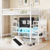 Full Size Metal Loft Bed with TV Cabinet, Metal Loft Bed with Staircase and Wardrobe, Kids Full Size Loft Bed, White