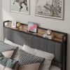 Queen Size Bed Frame with Charging Station, Upholstered Headboard, Metal Platform, Grey - as Pic