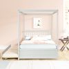 Full Size Canopy Bed with Twin Trundle, Kids Solid Wood Platform Bed Frame w/ Headboard, No Box Spring Needed White Color - as pic