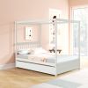 Full Size Canopy Bed with Twin Trundle, Kids Solid Wood Platform Bed Frame w/ Headboard, No Box Spring Needed White Color - as pic