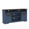Farmhouse TV Stand with Sliding Barn Door & Drawer, 75" Rustic Entertainment Center for TVs up to 75" - Blue