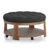 Wire-brushed Finish Natural Tone/Dark Gray 1pc Ottoman Transitional Style Deep Button Linen Like Tufted Seat Open Bottom Shelf Living Room - as Pic