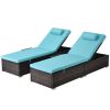 Outdoor PE Wicker Chaise Lounge - 2 Piece patio lounge chair; chase longue; lazy boy recliner- Blue