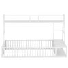 Twin Size Floor Bed Frame with Safety Fence, Metal Floor Bed with Desk and Storage Shelves, Playhouse for Kids, White - as Pic