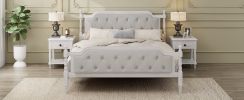 Traditional Style Solid Wood Bed Frame with Upholstered Tufted Headboard,No Box Spring Needed,King Size, Antique White - as Pic