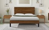Mid-Century Modern Solid Wood Bed Frame Queen Size Platform Bed with Six-Piece Headboard Design, No Box Spring Needed, Brown - as Pic