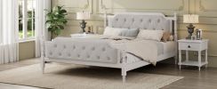 Traditional Style Solid Wood Bed Frame with Upholstered Tufted Headboard,No Box Spring Needed,King Size, Antique White - as Pic