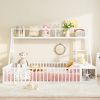 Full Size Floor Bed Frame with Safety Fence, Metal Floor Bed with Desk and Storage Shelves, Playhouse for Kids, White - as Pic