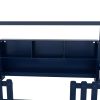 Twin Size House Bed with LED Light, Wood House Bed with Storage Bookshelf, Floor House Bed with Guardrails, Navy Blue