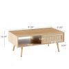 41.34" Rattan Coffee table, sliding door for storage, solid wood legs, Modern table for living room , natural - as Pic