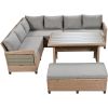 5-Piece Outdoor Patio Rattan Sofa Set; Sectional PE Wicker L-Shaped Garden Furniture Set with 2 Extendable Side Tables;  Brown