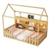 Twin Size House Bed with LED Light, Wood House Bed with Storage Bookshelf, Floor House Bed with Guardrails