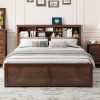 King Size Wood Platform Bed with Multi-storage Headboard, USB and Drawers, Antique Wood Color - as Pic