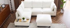 90" U-shaped Sectional Sofa Modular Sofa Couch with a Movable Ottoman , a Coffee Table with Hidden Charging Devices for Living Room, White - as Pic