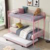 Over Twin Bunk Bed Frame with Trundle,Metal Bunkbed with Sturdy Guard Rail and 2 sideLadders- Pink
