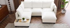 90" U-shaped Sectional Sofa Modular Sofa Couch with a Movable Ottoman , a Coffee Table with Hidden Charging Devices for Living Room, White - as Pic
