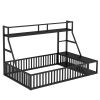 Full Size Floor Bed Frame with Safety Fence, Metal Floor Bed with Desk and Storage Shelves, Playhouse for Kids, Black - as Pic