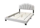 White 1pc Queen Size Bed Wool Fabric Floral Design Headboard w LED Fully Upholstered Platform Bedframe - as Pic