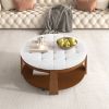 Modern Large Round Ottoman Coffee Table 2-Tier Oversized Button Tufted Ottoman with Wood Shelf Storage - Ivory White - Rubber Wood