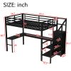 Full Size Loft Bed with L-shaped Desk and USB, Metal Loft Bed with Wardrobe and Adjustable Shelf, High Loft Bed with LED