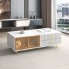 Modern Coffee Table with 2 Glass Door Storage, 4 Drawers, Gold Metal Legs, and Multi-Color Lighting in 47.2'' - White - MDF