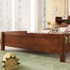 Full Pine Wood Bed with Bookcase Headboard ,LED Motion Sensor Light, Bed Guardrails,Walnut - as Pic