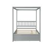 Full Size Canopy Bed with Twin Trundle, Kids Solid Wood Platform Bed Frame w/ Headboard, No Box Spring Needed Grey Color - as pic