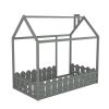 {Slats are not included}Twin Size Wood Bed House Bed Frame with Fence,for Kids,Teens, Girls,Boys {Gray}{OLD SKU:WF194274AAE} - as pic