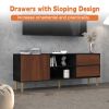 TV Stand up to 70+ inch, Mid Century Modern Television Stands with 2 Drawers, Entertainment Center with Storage Cabinet, Brown - Brown