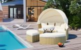 TOPMAX Patio Furniture Round Outdoor Sectional Sofa Set Rattan Daybed Two-Tone Weave Sunbed, Beige