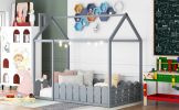 {Slats are not included}Twin Size Wood Bed House Bed Frame with Fence,for Kids,Teens, Girls,Boys {Gray}{OLD SKU:WF194274AAE} - as pic