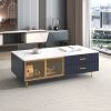 Modern Navy Blue Coffee Table with 2 Glass Door Storage, 4 Drawers, Gold Metal Legs, and Multi-Color Lighting in 47.2'' - as Pic