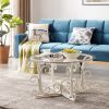 Glass Coffee Table with Sturdy Iron Leaf-shape Base, Leisure Cocktail Table with Tempered Glass Top for Living Room, Dining Room (White) - as Pic