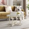 Glass Coffee Table with Sturdy Iron Leaf-shape Base, Leisure Cocktail Table with Tempered Glass Top for Living Room, Dining Room (White) - as Pic