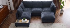 90" U-shaped Sectional Sofa Modular Sofa Couch with a Movable Ottoman , a Coffee Table with Hidden Charging Devices for Living Room, Blue - as Pic