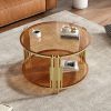 Modern Brown Glass Coffee Table, Asymmetrical Metal, Circular Metal Drum Base, Gold Finish & Lower Shelf - as Pic