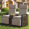 GO Patio Recliner Loveseat Chair, Adjustable Backrest Wicker Outdoor Lounge Chair Set with Acacia Wood Armrests and Built-in Storage Table, Brown