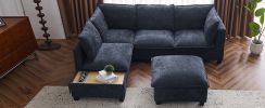 90" U-shaped Sectional Sofa Modular Sofa Couch with a Movable Ottoman , a Coffee Table with Hidden Charging Devices for Living Room, Blue - as Pic