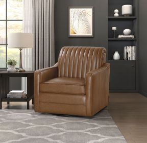 Luxurious Brown Swivel Chair Breathable Faux Leather Upholstered Channel Stitched Back Living Room Furniture 1pc - as Pic