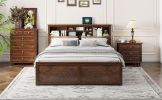King Size Wood Platform Bed with Multi-storage Headboard, USB and Drawers, Antique Wood Color - as Pic