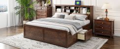 King Size Wood Platform Bed with Multi-storage Headboard, USB and Drawers, Antique Wood Color - as Pic