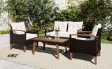GO 4-Piece Garden Furniture, Patio Seating Set, PE Rattan Outdoor Sofa Set, Wood Table and Legs, Brown and Beige - as Pic
