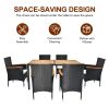 7 Piece Patio Dining Set, Outdoor Patio Conversation Set with Acacia Wood Table Top and Rattan Chairs and Soft Seat Cushions, Black